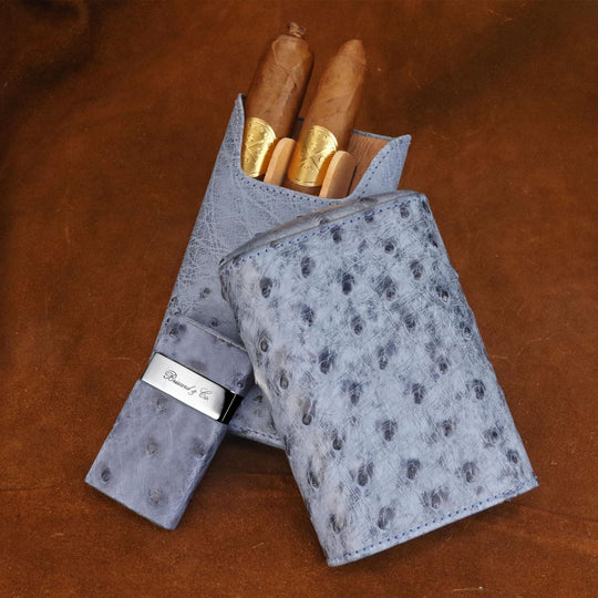 Brizard and Co - The "Show Band" 3 Cigar Case - "American Blue Jeans" Ostrich (Ostrich)