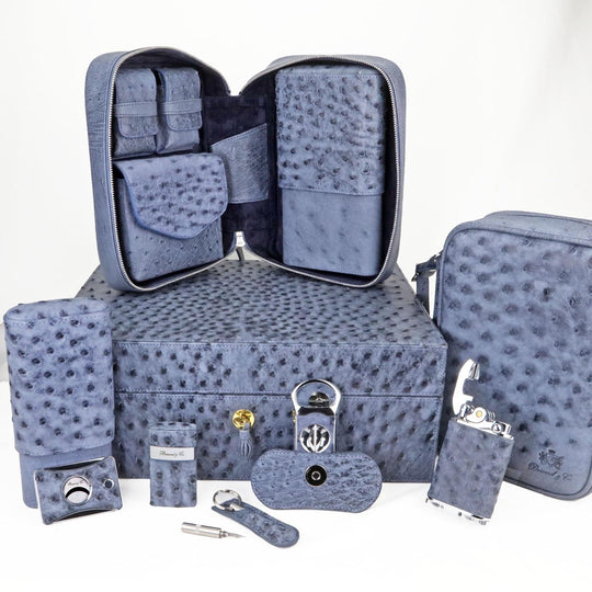 Brizard and Co - The "Show Band" 3 Cigar Case - "American Blue Jeans" Ostrich (Ostrich)