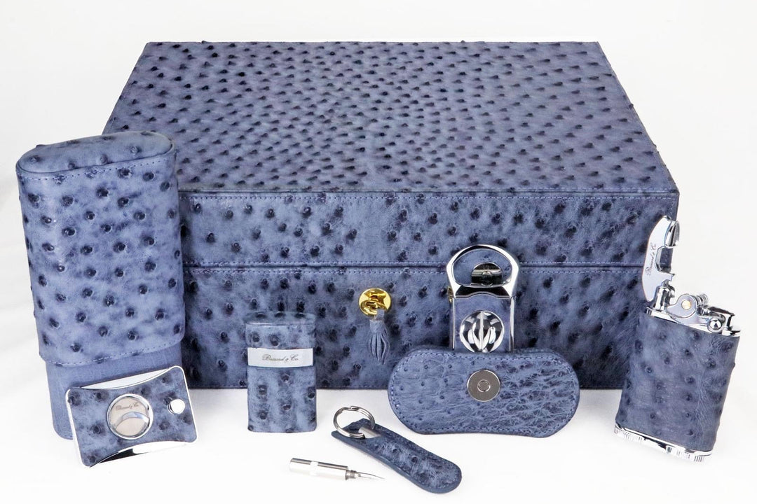 Brizard and Co - The "Show Band" 3 Cigar Case - "American Blue Jeans" Ostrich (Ostrich)