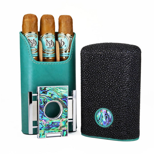 Brizard and Co - The "Show Band" 3 Cigar Case - Abalone and Stingray Leather Collection (Limited Edition) (Leather, Stingray, Abalone)
