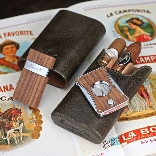 Brizard and Co - The "Show Band" 3 Cigar Case - Antique Olive Leather (Leather)
