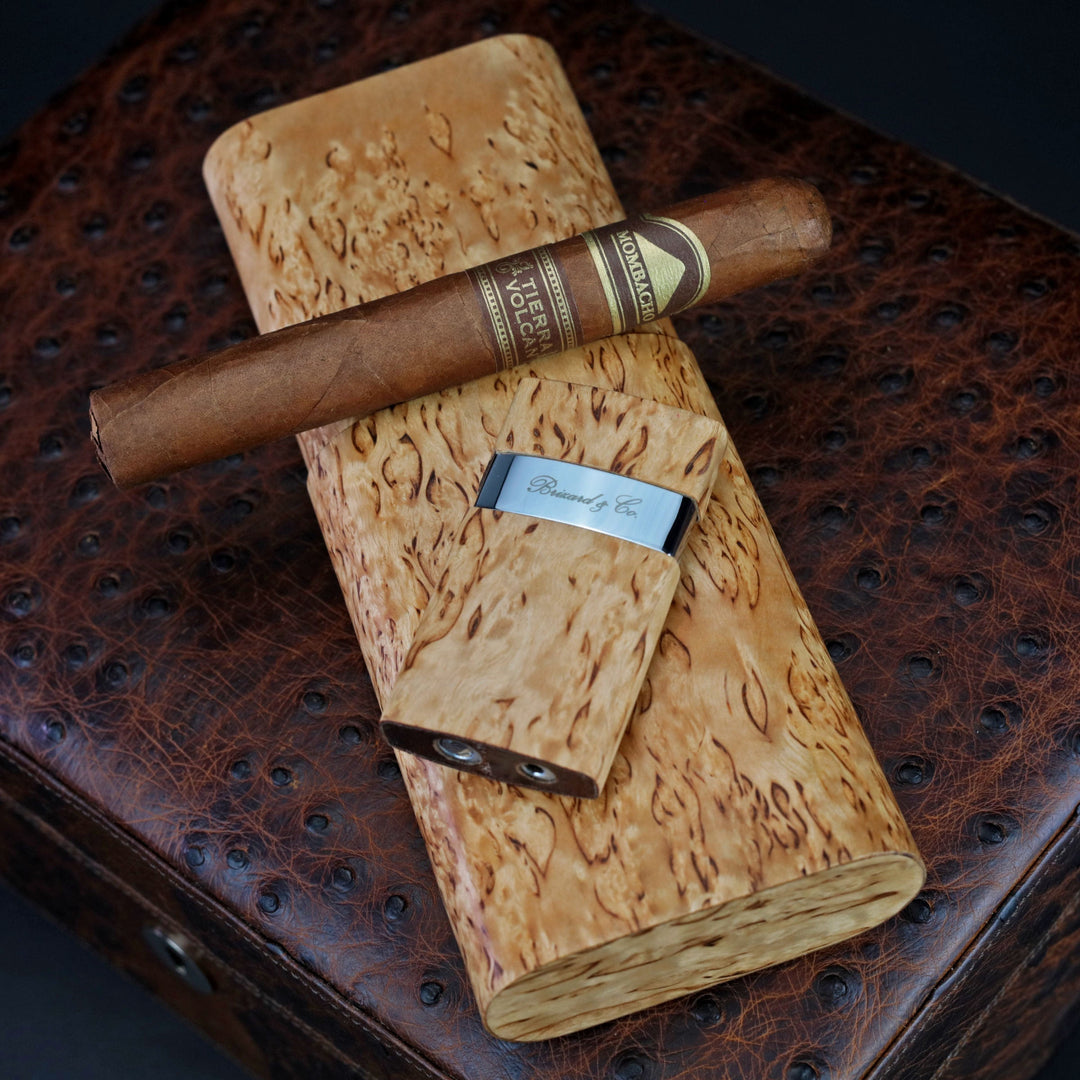 Brizard and Co - The "Show Band" 3 Cigar Case - Birch Burl (Exotic Wood)