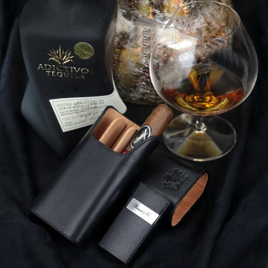 Brizard and Co - The "Show Band" 3 Cigar Case - Black Leather (Leather)