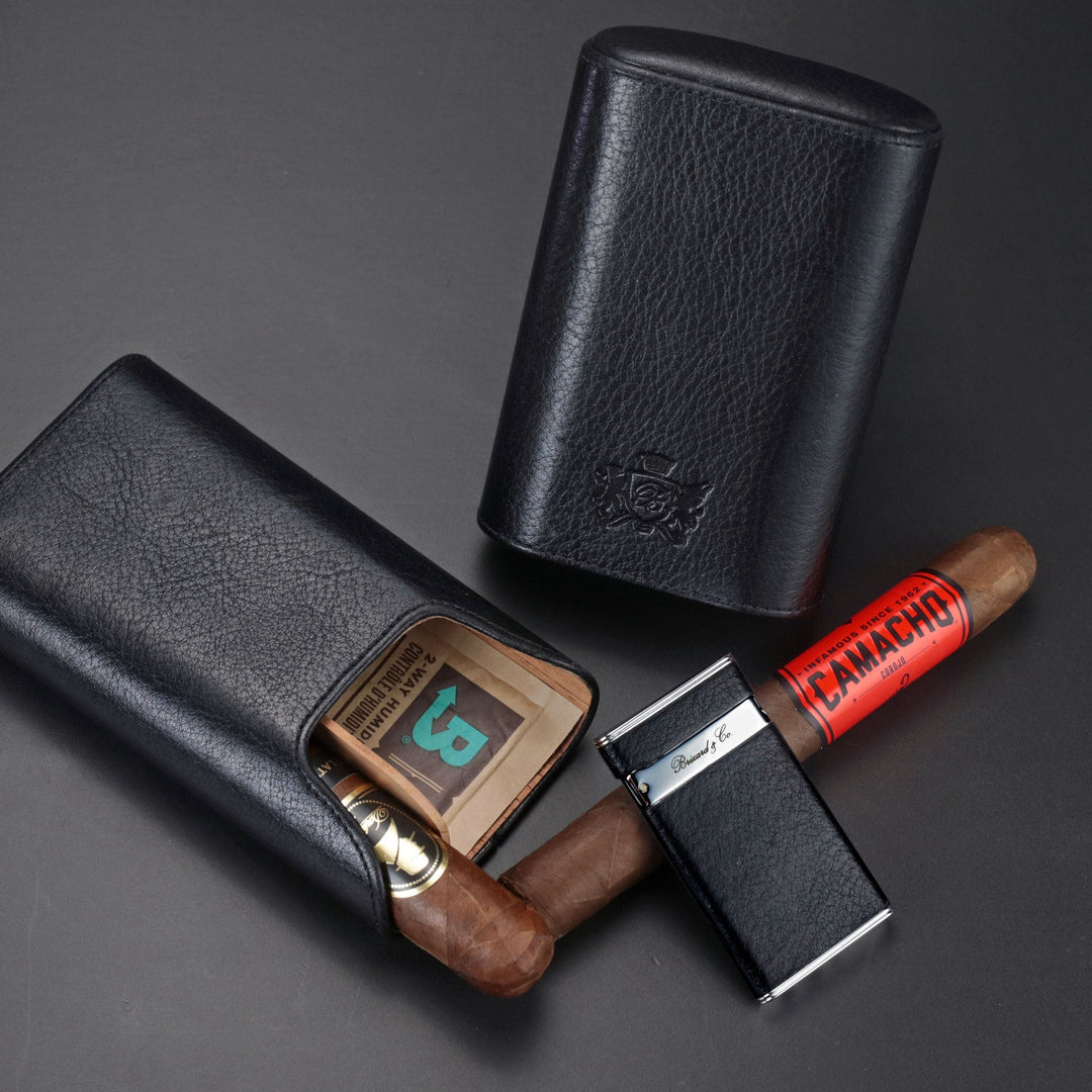 Brizard and Co - The "Show Band" 3 Cigar Case - Black Leather (Leather)