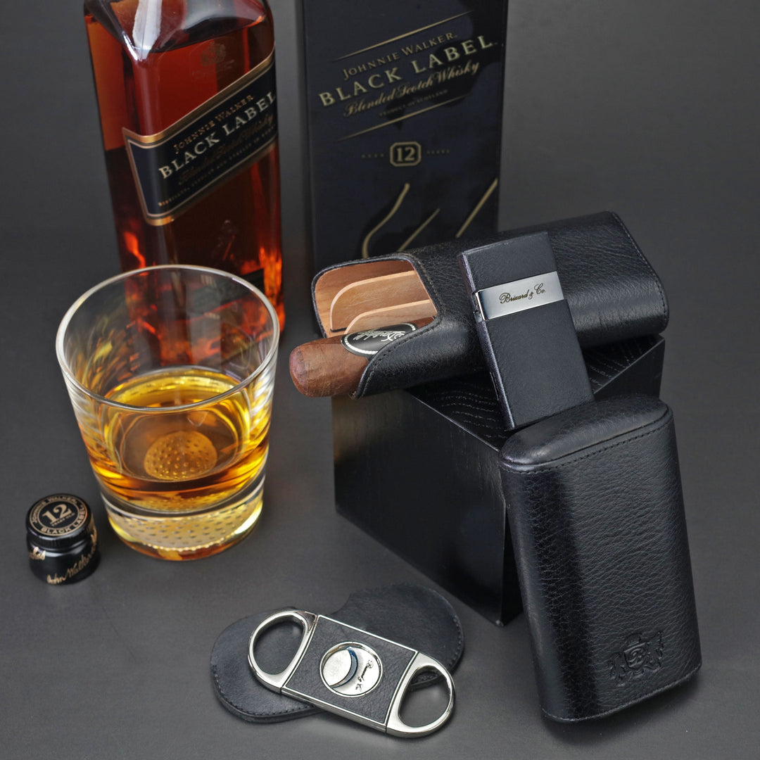 Brizard and Co - The "Show Band" 3 Cigar Case - Black Leather (Leather)