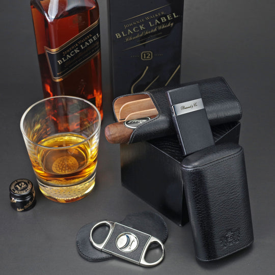 Brizard and Co - The "Show Band" 3 Cigar Case - Black Leather (Leather)