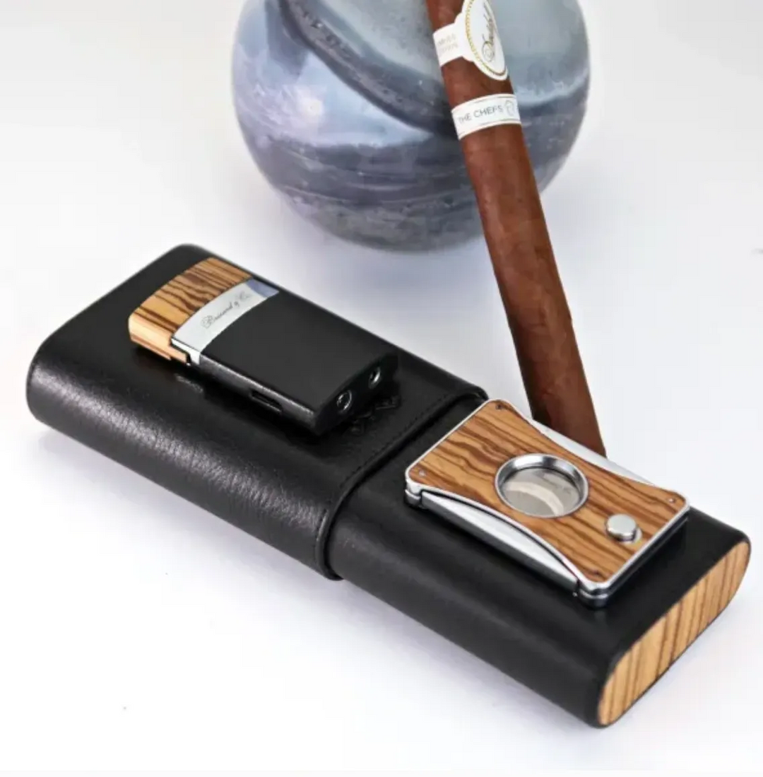 Brizard and Co - The "Show Band" 3 Cigar Case - Black Leather and Zebrawood (Flat Top) (Leather, Exotic Wood)