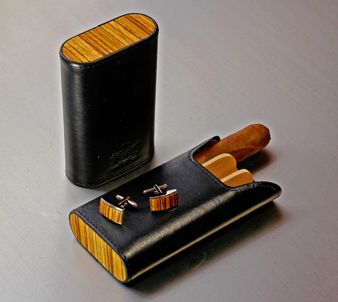 Brizard and Co - The "Show Band" 3 Cigar Case - Black Leather and Zebrawood (Flat Top) (Leather, Exotic Wood)