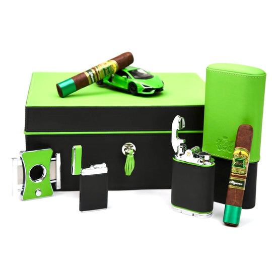 Brizard and Co - The "Show Band" 3 Cigar Case - Black and Lime Leather (Leather)