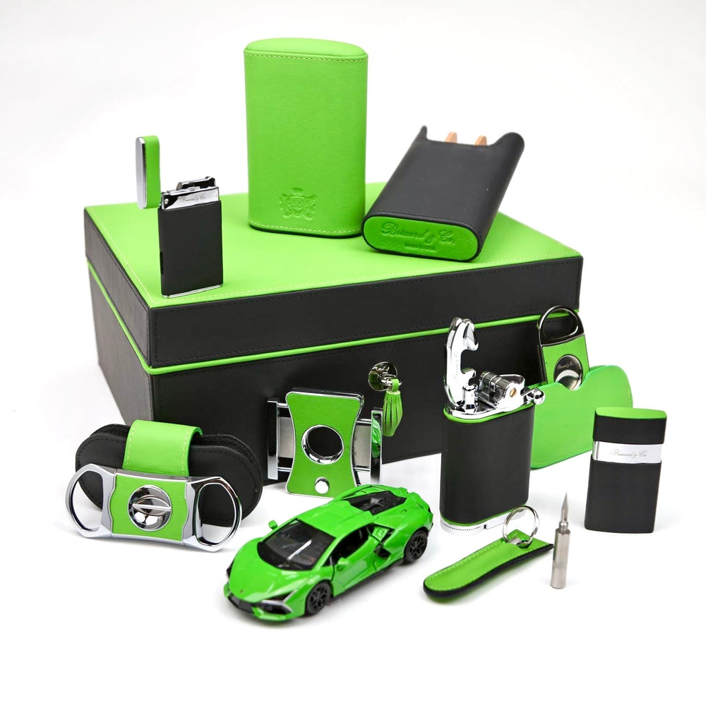 Brizard and Co - The "Show Band" 3 Cigar Case - Black and Lime Leather (Leather)