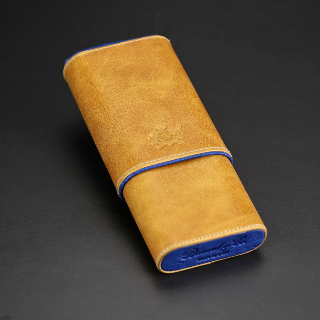 Brizard and Co - The "Show Band" 3 Cigar Case - Blue Ostrich and Camel Color Leather (Leather, Ostrich)