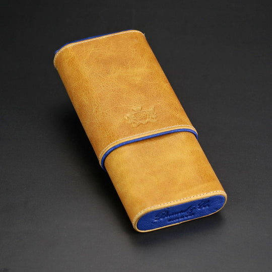 Brizard and Co - The "Show Band" 3 Cigar Case - Blue Ostrich and Camel Color Leather (Leather, Ostrich)