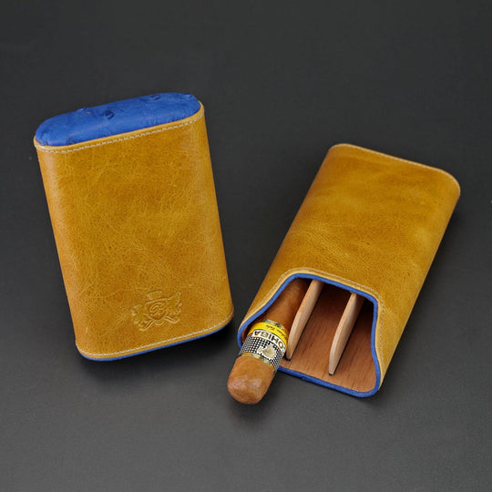 Brizard and Co - The "Show Band" 3 Cigar Case - Blue Ostrich and Camel Color Leather (Leather, Ostrich)