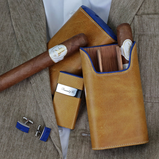 Brizard and Co - The "Show Band" 3 Cigar Case - Blue Ostrich and Camel Color Leather (Leather, Ostrich)