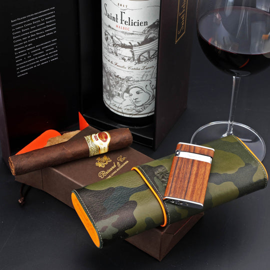 Brizard and Co - The "Show Band" 3 Cigar Case - Camouflage and Orange Leather (Leather)
