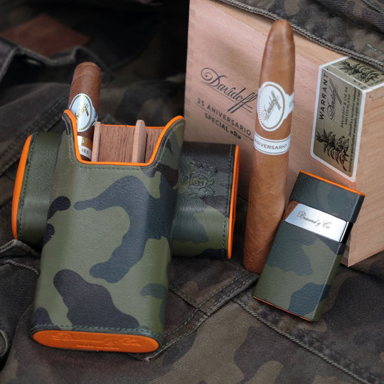 Brizard and Co - The "Show Band" 3 Cigar Case - Camouflage and Orange Leather (Leather)