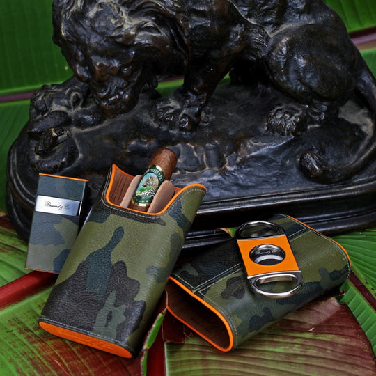 Brizard and Co - The "Show Band" 3 Cigar Case - Camouflage and Orange Leather (Leather)