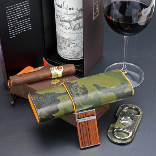 Brizard and Co - The "Show Band" 3 Cigar Case - Camouflage and Orange Leather (Leather)