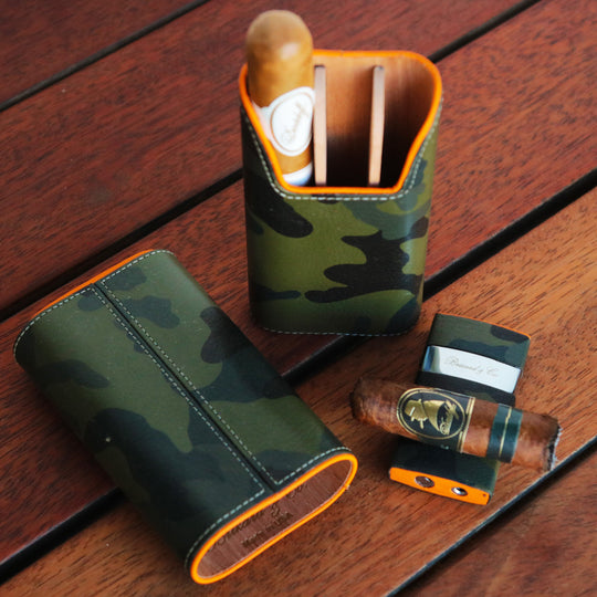Brizard and Co - The "Show Band" 3 Cigar Case - Camouflage and Orange Leather (Leather)