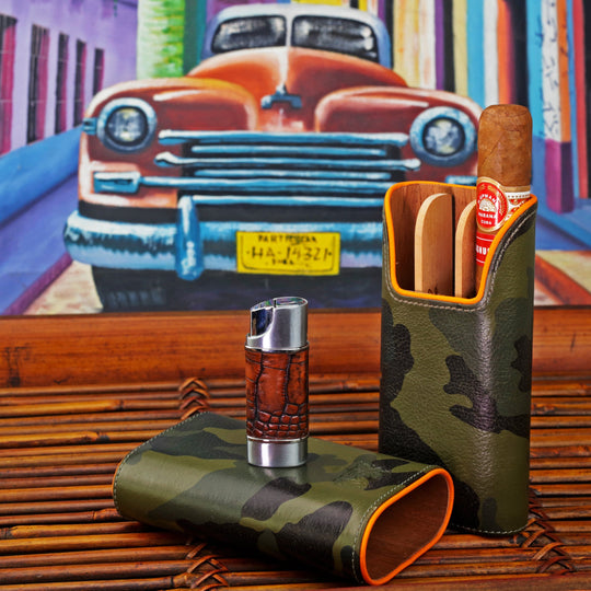 Brizard and Co - The "Show Band" 3 Cigar Case - Camouflage and Orange Leather (Leather)