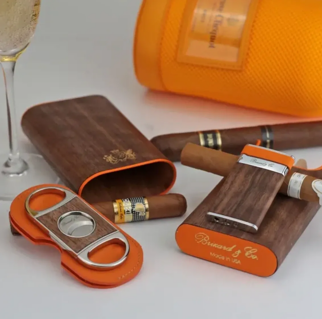 Brizard and Co - The "Show Band" 3 Cigar Case - Curly Walnut and Orange Leather (Leather, Exotic Wood)
