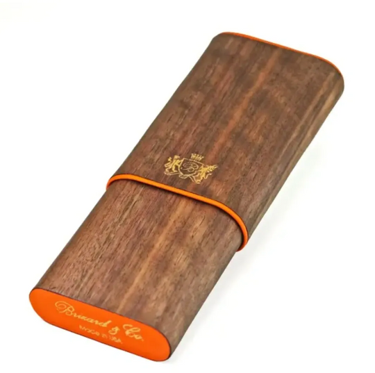 Brizard and Co - The "Show Band" 3 Cigar Case - Curly Walnut and Orange Leather (Leather, Exotic Wood)