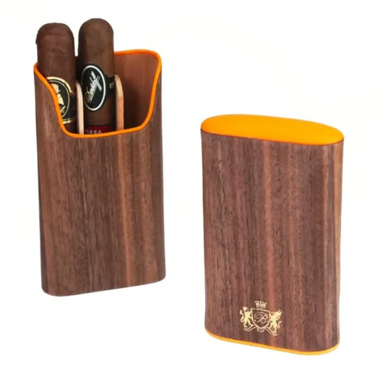 Brizard and Co - The "Show Band" 3 Cigar Case - Curly Walnut and Orange Leather (Leather, Exotic Wood)