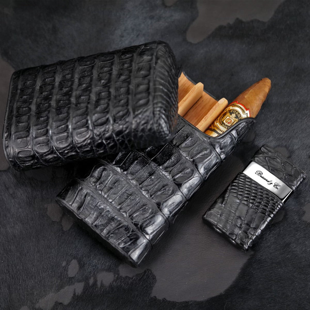 Brizard and Co - The "Show Band" 3 Cigar Case - Genuine Black Caiman Alligator (Alligator)