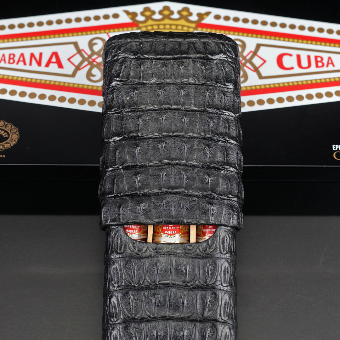 Brizard and Co - The "Show Band" 3 Cigar Case - Genuine Black Caiman Alligator (Alligator)