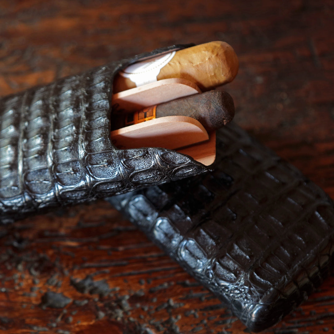 Brizard and Co - The "Show Band" 3 Cigar Case - Genuine Black Caiman Alligator (Alligator)