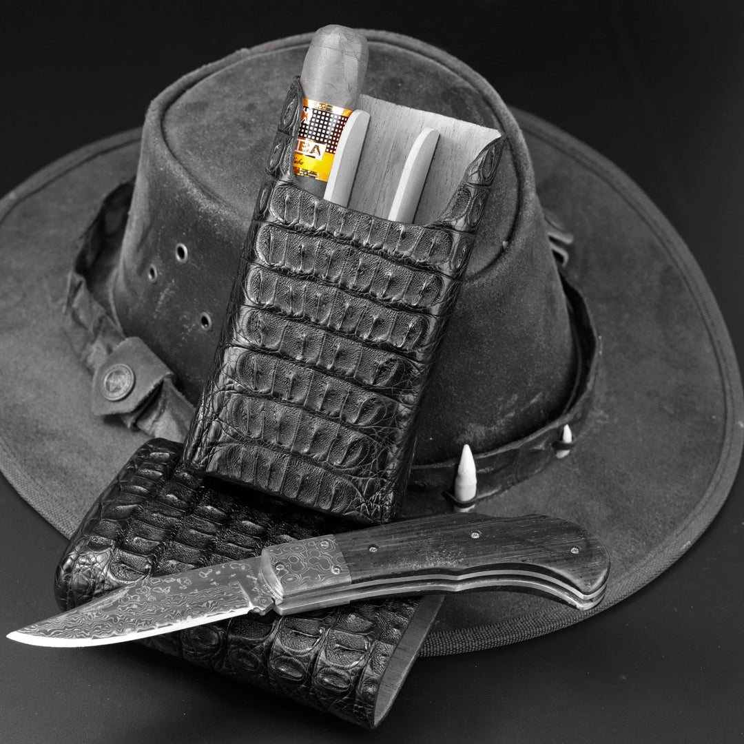 Brizard and Co - The "Show Band" 3 Cigar Case - Genuine Black Caiman Alligator (Alligator)