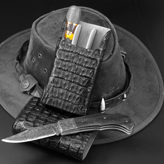 Brizard and Co - The "Show Band" 3 Cigar Case - Genuine Black Caiman Alligator (Alligator)