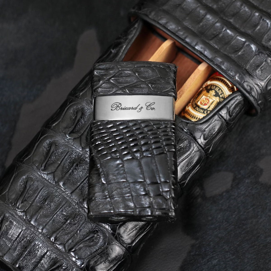 Brizard and Co - The "Show Band" 3 Cigar Case - Genuine Black Caiman Alligator (Alligator)