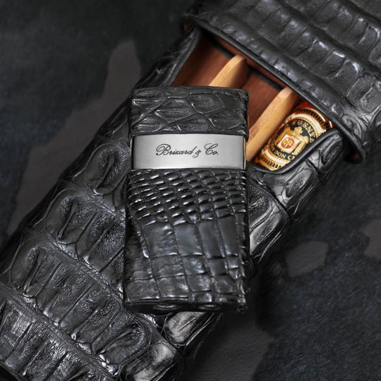 Brizard and Co - The "Show Band" 3 Cigar Case - Genuine Black Caiman Alligator (Alligator)