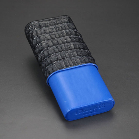Brizard and Co - The "Show Band" 3 Cigar Case - Genuine Black Caiman Alligator and Blue Leather (Leather, Alligator)