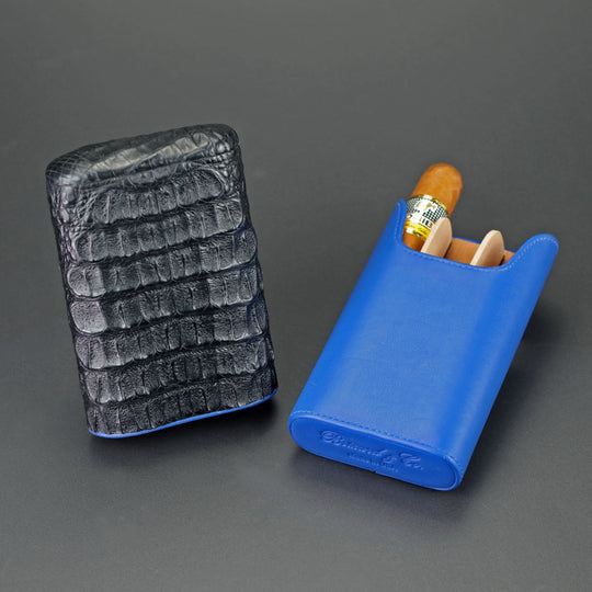 Brizard and Co - The "Show Band" 3 Cigar Case - Genuine Black Caiman Alligator and Blue Leather (Leather, Alligator)
