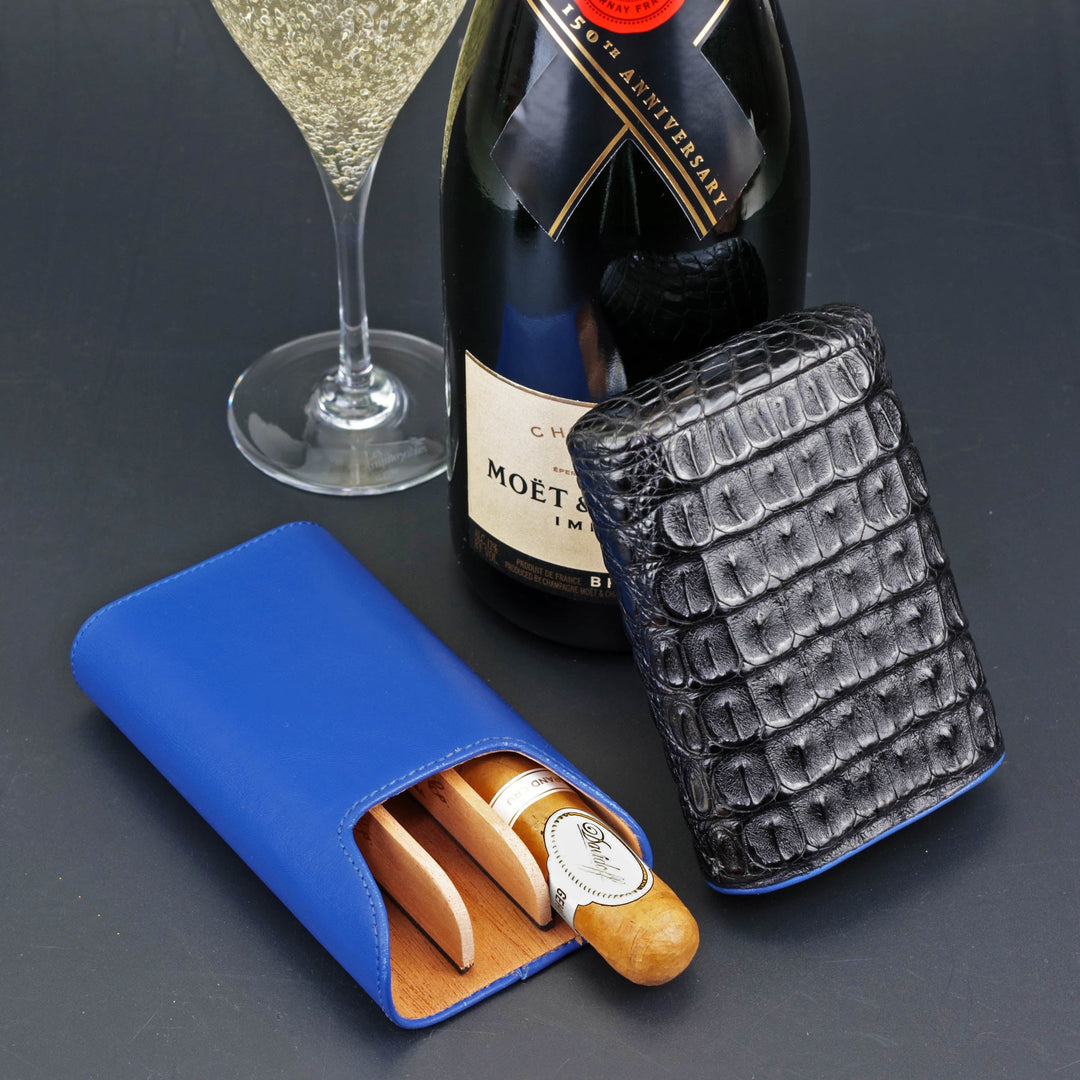 Brizard and Co - The "Show Band" 3 Cigar Case - Genuine Black Caiman Alligator and Blue Leather (Leather, Alligator)