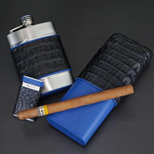 Brizard and Co - The "Show Band" 3 Cigar Case - Genuine Black Caiman Alligator and Blue Leather (Leather, Alligator)