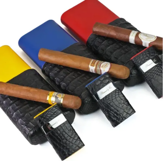 Brizard and Co - The "Show Band" 3 Cigar Case - Genuine Black Caiman Alligator and Blue Leather (Leather, Alligator)