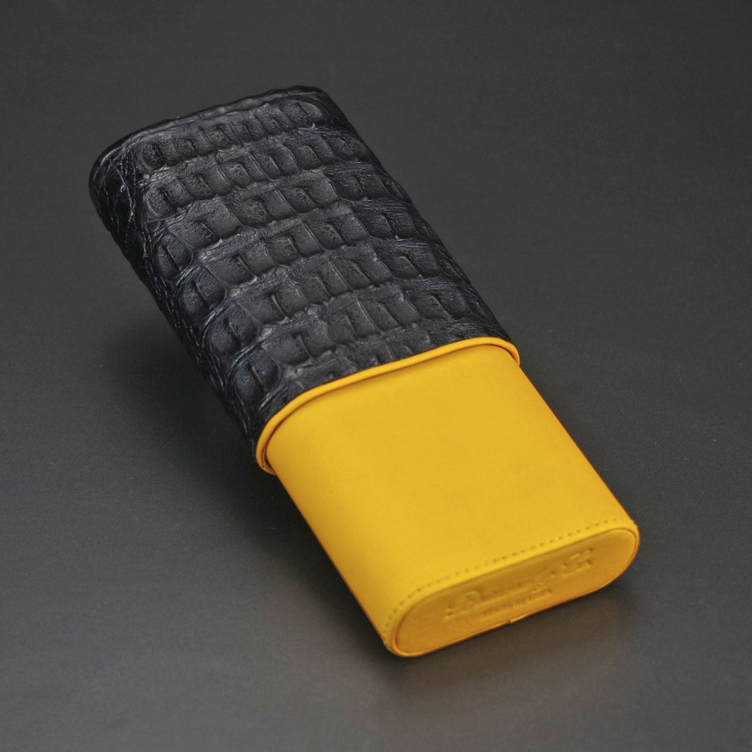 Brizard and Co - The "Show Band" 3 Cigar Case - Genuine Black Caiman Alligator and Yellow Leather (Leather, Alligator)