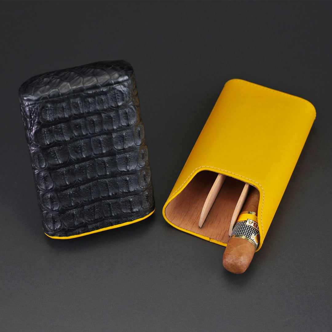 Brizard and Co - The "Show Band" 3 Cigar Case - Genuine Black Caiman Alligator and Yellow Leather (Leather, Alligator)