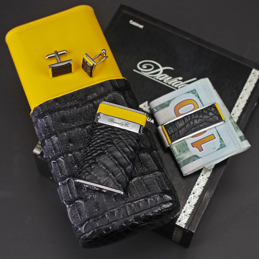 Brizard and Co - The "Show Band" 3 Cigar Case - Genuine Black Caiman Alligator and Yellow Leather (Leather, Alligator)