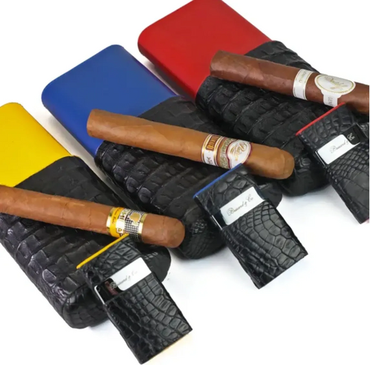 Brizard and Co - The "Show Band" 3 Cigar Case - Genuine Black Caiman Alligator and Yellow Leather (Leather, Alligator)
