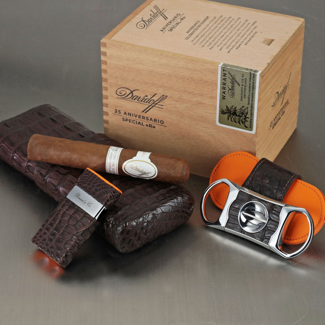 Brizard and Co - The "Show Band" 3 Cigar Case - Genuine Tobacco Caiman Alligator (Alligator)
