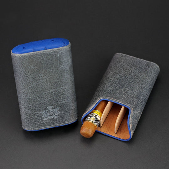 Brizard and Co - The "Show Band" 3 Cigar Case - Gray Leather and Blue Ostrich (Leather, Ostrich)