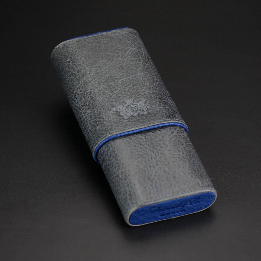 Brizard and Co - The "Show Band" 3 Cigar Case - Gray Leather and Blue Ostrich (Leather, Ostrich)