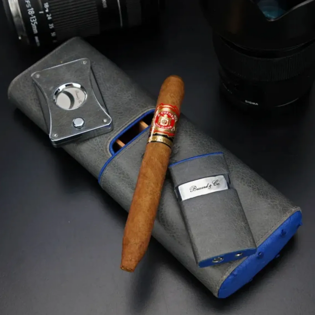 Brizard and Co - The "Show Band" 3 Cigar Case - Gray Leather and Blue Ostrich (Leather, Ostrich)