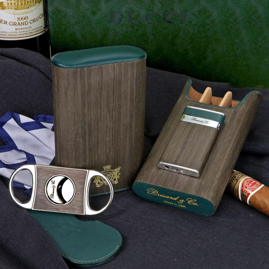 Brizard and Co - The "Show Band" 3 Cigar Case - Gunmetal Ebony and Forest Green Leather (Leather, Exotic Wood)