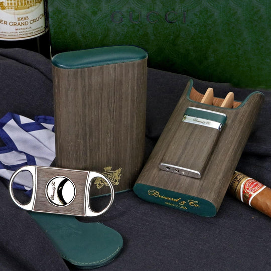 Brizard and Co - The "Show Band" 3 Cigar Case - Gunmetal Ebony and Forest Green Leather (Leather, Exotic Wood)