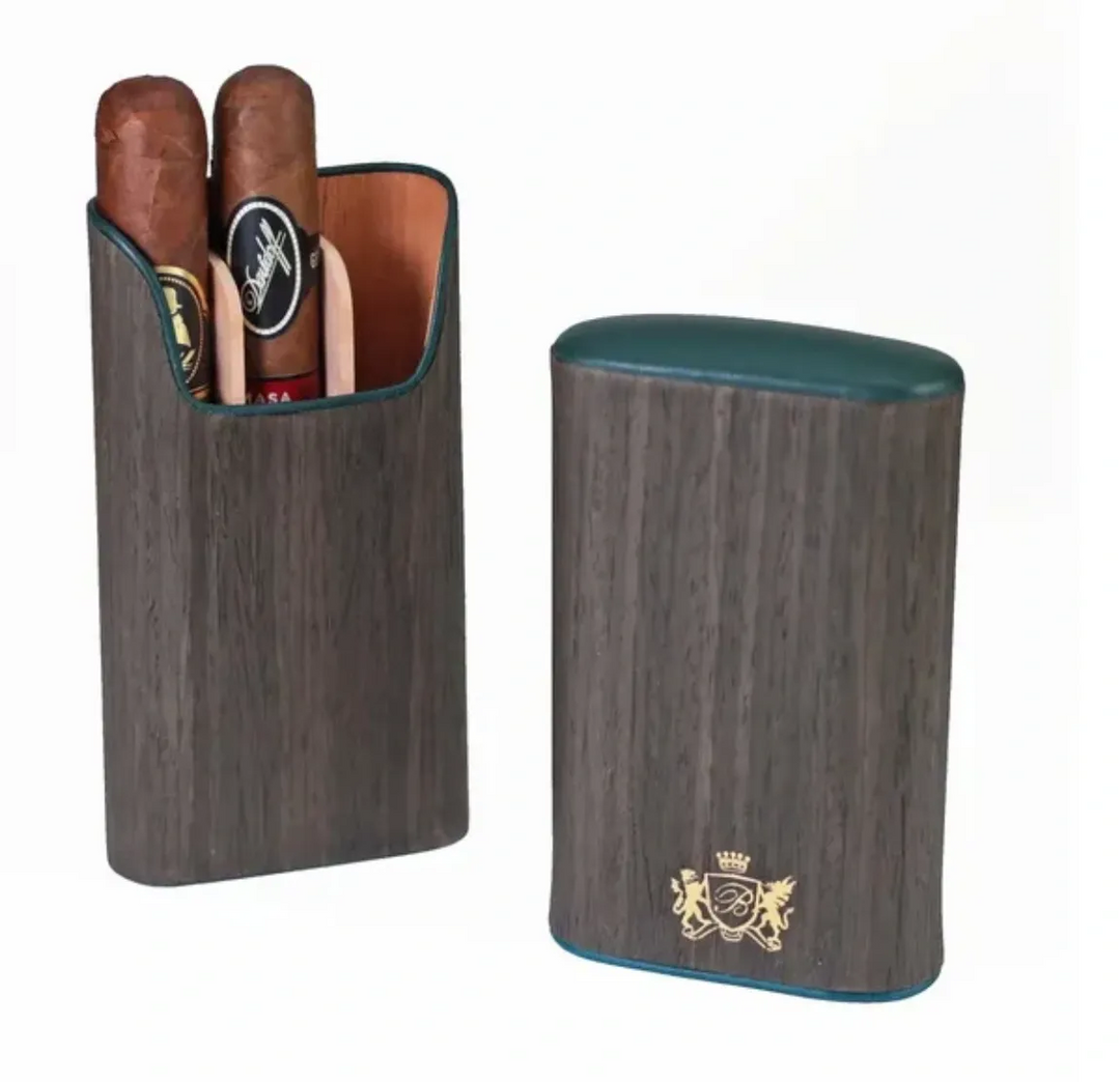 Brizard and Co - The "Show Band" 3 Cigar Case - Gunmetal Ebony and Forest Green Leather (Leather, Exotic Wood)
